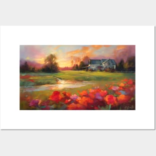 Farmhouse and field of poppies at sunset Posters and Art